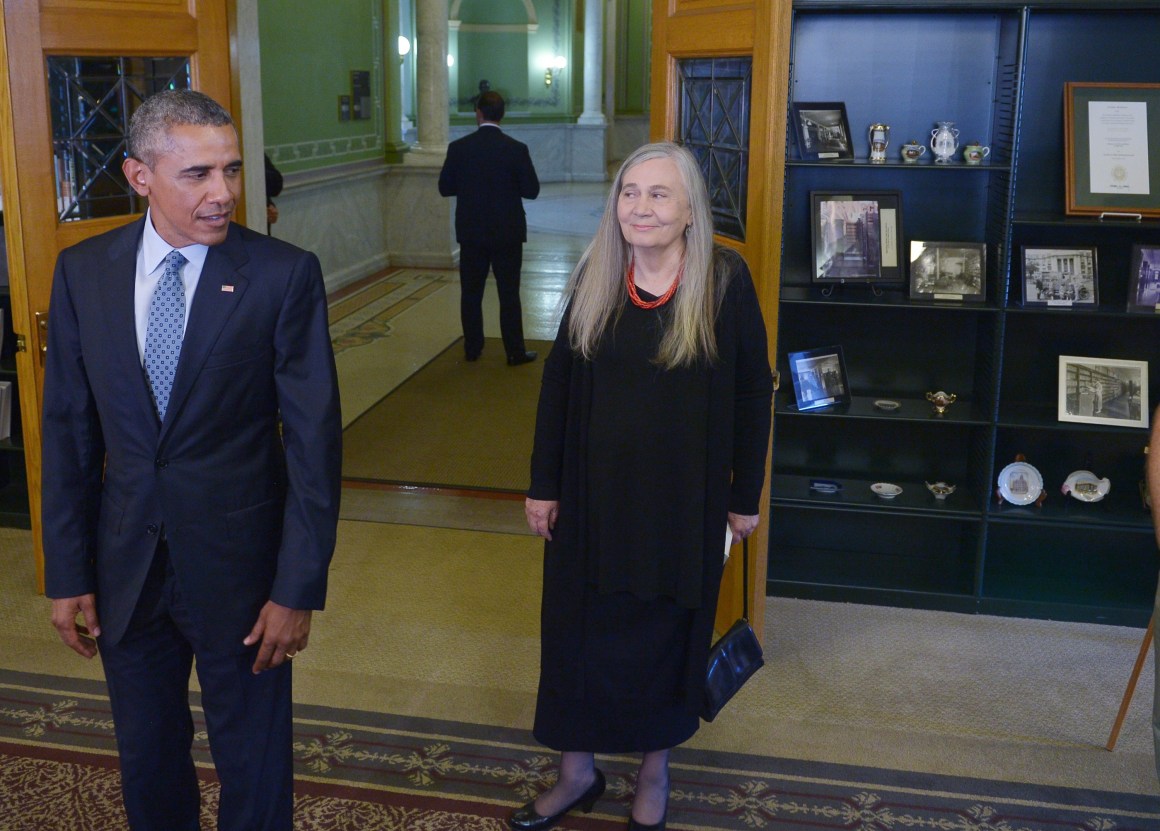 President Barack Obama and Marilynne Robinson arrive for a visit to the State Library of Iowa during an unannounced stop on September 14th, 2015, in Des Moines, Iowa.