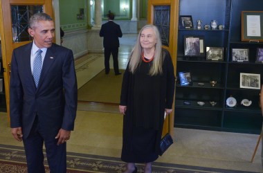 President Barack Obama and Marilynne Robinson arrive for a visit to the State Library of Iowa during an unannounced stop on September 14th, 2015, in Des Moines, Iowa.