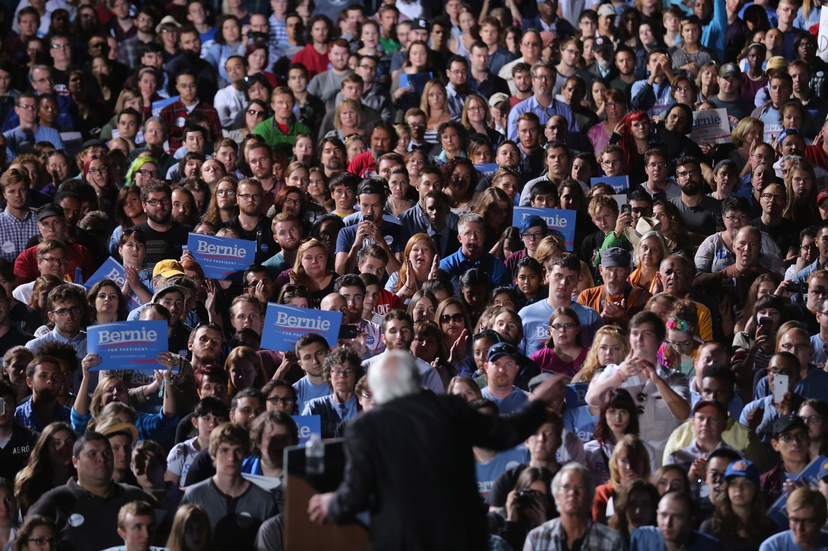 Thousands of people gather to hear Democratic presidential candidate Senator Bernie Sanders (I-Vermont) during a campaign rally at the Prince William County Fairground on September 14th, 2015, in Virginia.