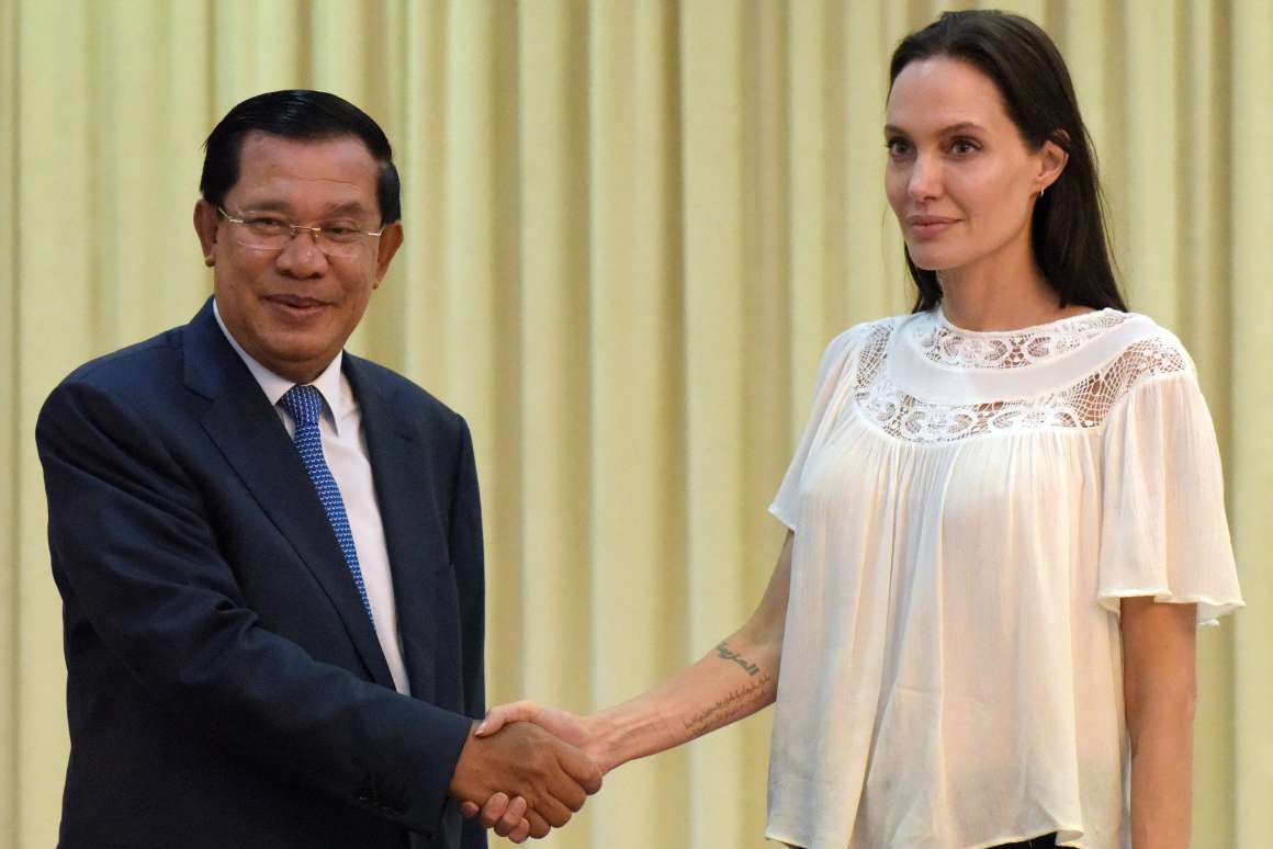 Angelina Jolie shakes hands with Cambodian Prime Minister Hun Sen during a meeting at the Peace Palace in Phnom Penh on September 17th, 2015.