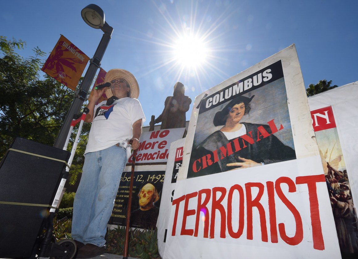 Olin Tezcatlipoca from the Mexica Movement speaks to demonstrators during a protest against Columbus Day in Los Angeles, California, on October 11th, 2015.