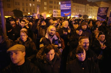 Supporters of the AfD political party attend a rally to protest against German Chancellor Angela Merkel’s liberal policy toward taking in migrants and refugees on October 14th, 2015, in Magdeburg, Germany.