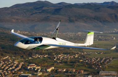 A Pipistrel Taurus Electro electric two-seat airplane flies above Ajdovscina, Slovenia, on November 10th, 2015.