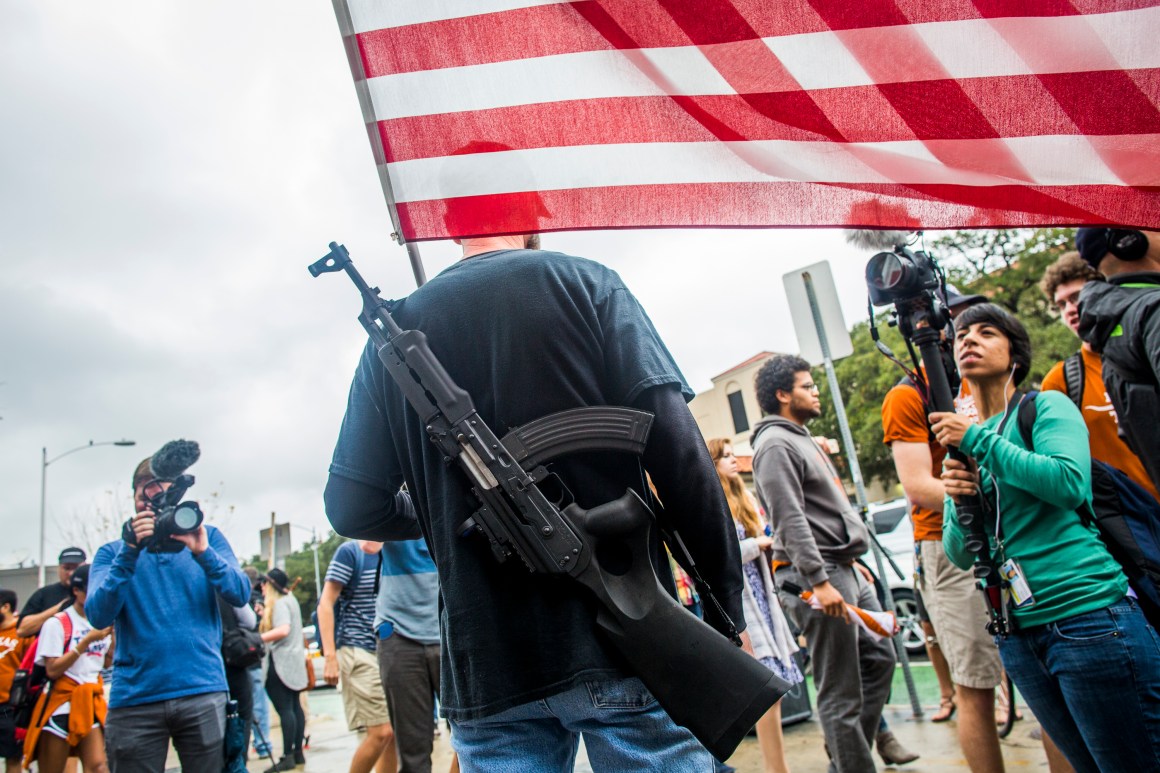 Gun activists march close to The University of Texas campus on December 12th, 2015, in Austin, Texas.