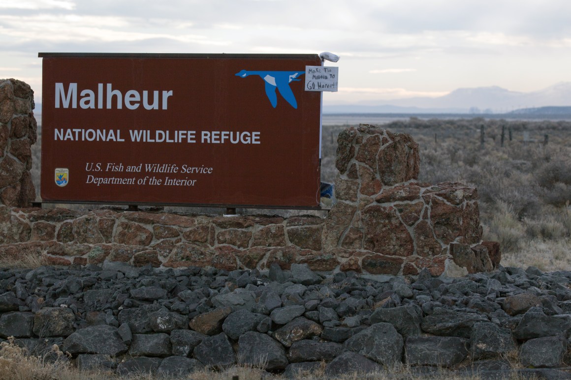 A handmade sign requesting militia go home is posted at the Malheur National Wildlife Refuge on January 28th, 2016, near Burns, Oregon.