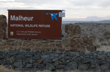 A handmade sign requesting militia go home is posted at the Malheur National Wildlife Refuge on January 28th, 2016, near Burns, Oregon.