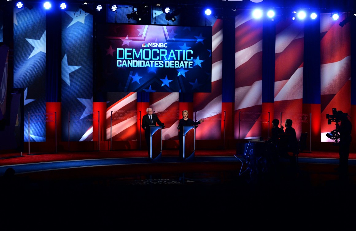 Democratic presidential candidates Hillary Clinton and Bernie Sanders participate in the MSNBC Democratic Debate at the University of New Hampshire in Durham, New Hampshire, on February 4th, 2016.