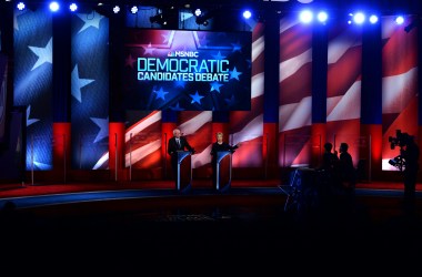 Democratic presidential candidates Hillary Clinton and Bernie Sanders participate in the MSNBC Democratic Debate at the University of New Hampshire in Durham, New Hampshire, on February 4th, 2016.