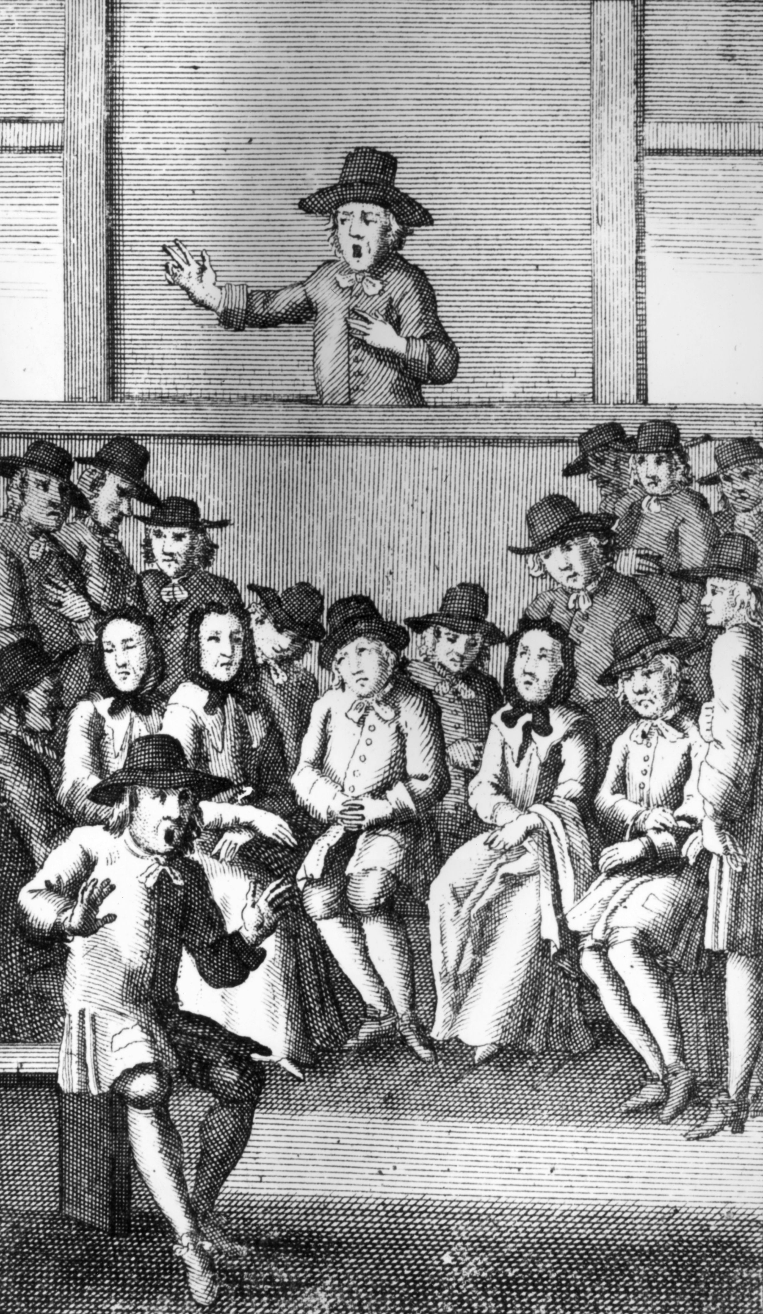 A man addresses a meeting of the Quakers in 1719.