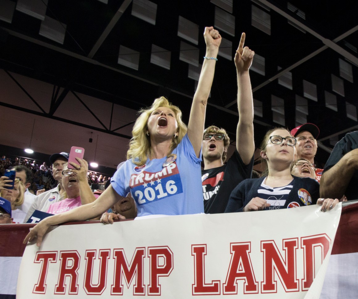 Supporters of Donald Trump react as he speaks during a rally at Valdosta State University, on February 29th, 2016, in Valdosta, Georgia.