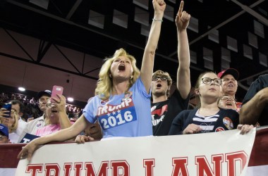 Supporters of Donald Trump react as he speaks during a rally at Valdosta State University, on February 29th, 2016, in Valdosta, Georgia.