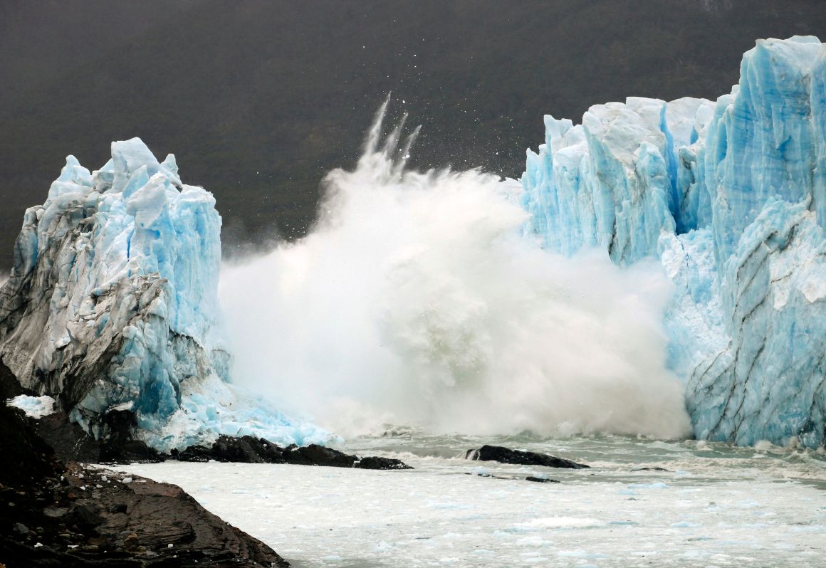 An ice bridge cracks from the wall of the Perito Moreno Glacier located at Los Glaciares National Park, in southwest Santa Cruz Province, Argentina, on March 10th, 2016.