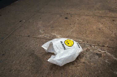 A plastic bag sits in a Manhattan street on May 5th, 2016 in New York City.