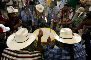 Native Americans from the drum band Yellow Hammer provide a beat on August 12th, 2005, at the MCI Center in Washington, D.C.