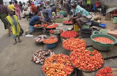 Vendors display tomatoes and pepper at Mile 12 market in Lagos, Nigeria.