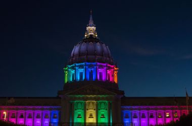 San Francisco City Hall is lit up in rainbow colors following Gay Pride on Sunday, June 26th, 2016.