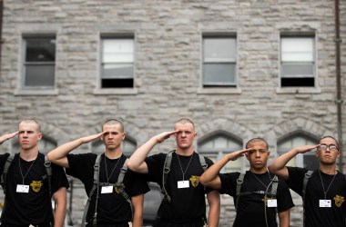 New cadets practice their salute during Reception Day at the United States Military Academy at West Point, on June 27th, 2016, in West Point, New York.