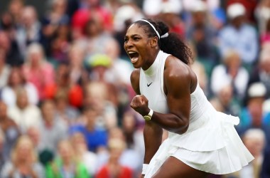 Serena Williams celebrates victory during the Ladies Singles second round match against Christina McHale on day five of the Wimbledon Lawn Tennis Championships at the All England Lawn Tennis and Croquet Club on July 1st, 2016, in London, England.