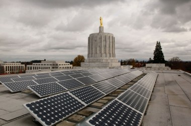 Photovoltaic solar panels on the west wing roof of the Oregon State Capitol, pictured on November 14th, 2005, in Salem, Oregon.