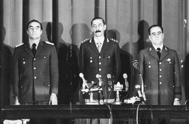 Heads of Argentina's armed forces are sworn in following the coup to overthrow President Maria Estela Peron.