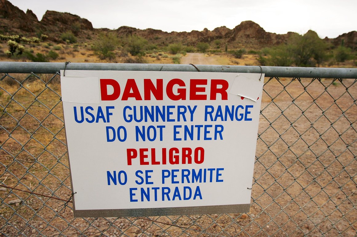 A signs warns of danger on the Barry M. Goldwater Air Force Range, in Arizona, one of several live aerial bombing ranges that undocumented migrants often walk through.