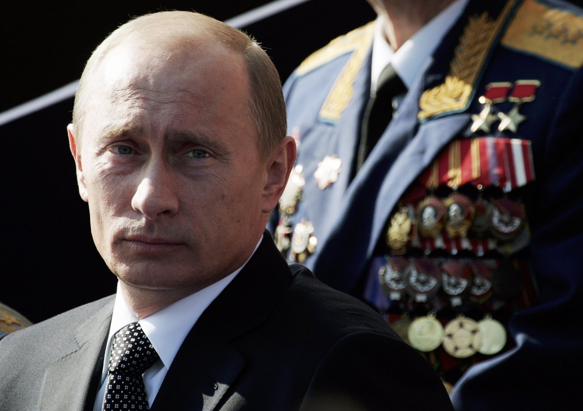 Russian President Vladimir Putin attends the annual military parade at Red Square on May 9th, 2006, in Moscow, Russia.