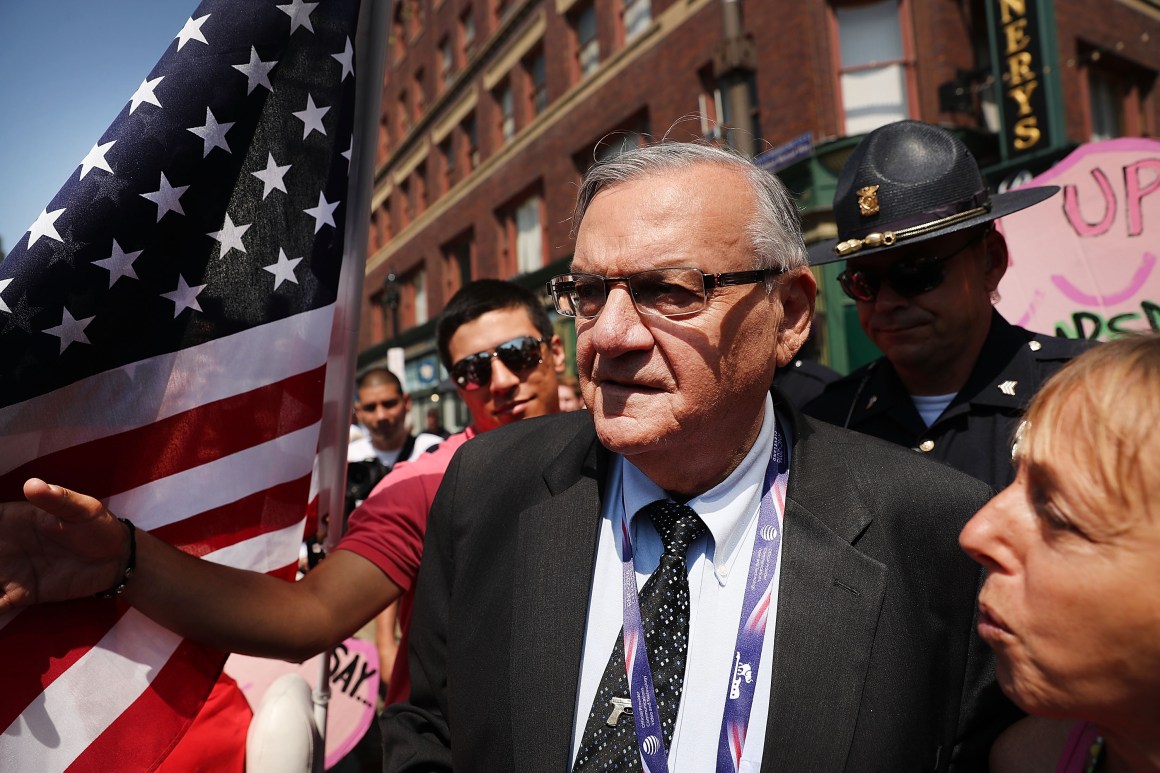 Maricopa County Sheriff Joe Arpaio is surrounded by protesters and members of the media at the site of the Republican National Convention on July 19th, 2016, in Cleveland, Ohio.