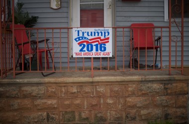 A sign for then-candidate Donald Trump is displayed on a front porch on August 14th, 2016, in Schuylkill Haven, Pennsylvania.