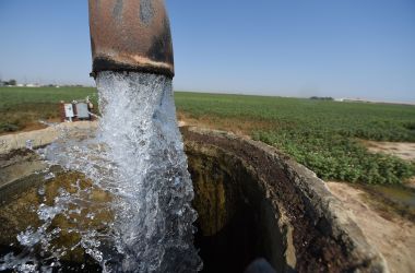 Irrigation water at a cotton field in Porterville, California.