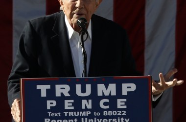 Televangelist Pat Robertson delivers remarks at a campaign event for Republican presidential candidate Donald Trump at Regent University.