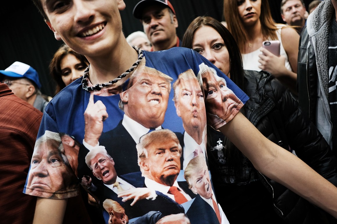 A teenager wears a Donald Trump shirt at a Trump rally on October 22nd, 2016, in Cleveland, Ohio.