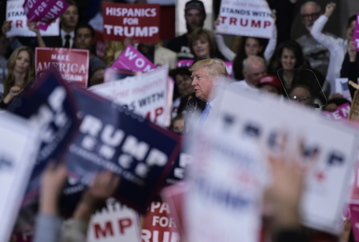 Donald Trump addresses a rally at the National Western Complex in Denver, Colorado, on November 5th, 2016.