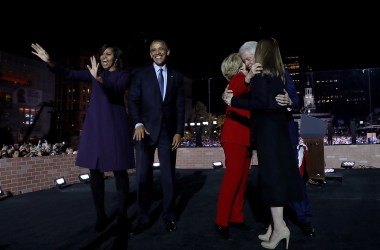 Michelle Obama, Barack Obama, Hillary Clinton, Chelsea Clinton, and Bill Clinton greet supporters during a campaign rally on Independence Mall on November 7th, 2016, in Philadelphia, Pennsylvania.