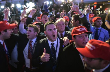 Trump supporters react to results during election night in New York City on November 8th, 2016.