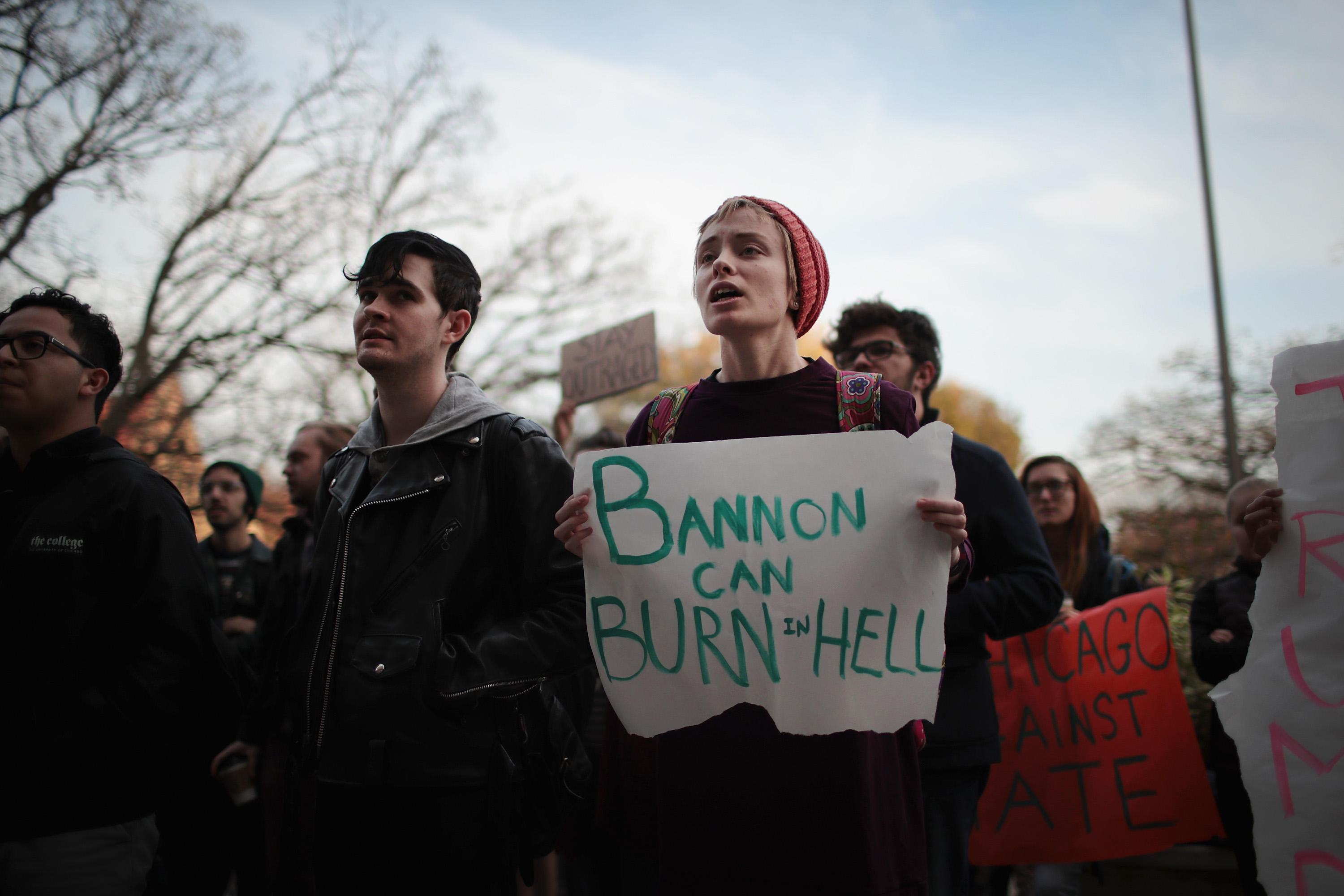 Students at the University of Chicago participate in a walk-out and rally to protest Steve Bannon in Chicago, Illinois, on November 15th, 2016.