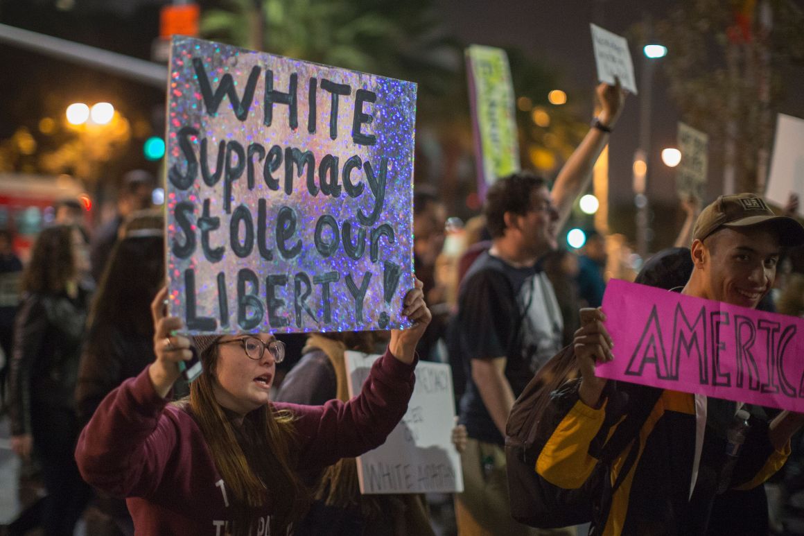 People march in protest to the appointment of Steve Bannon as Donald Trump's chief strategist on November 16th, 2016, in Los Angeles, California.