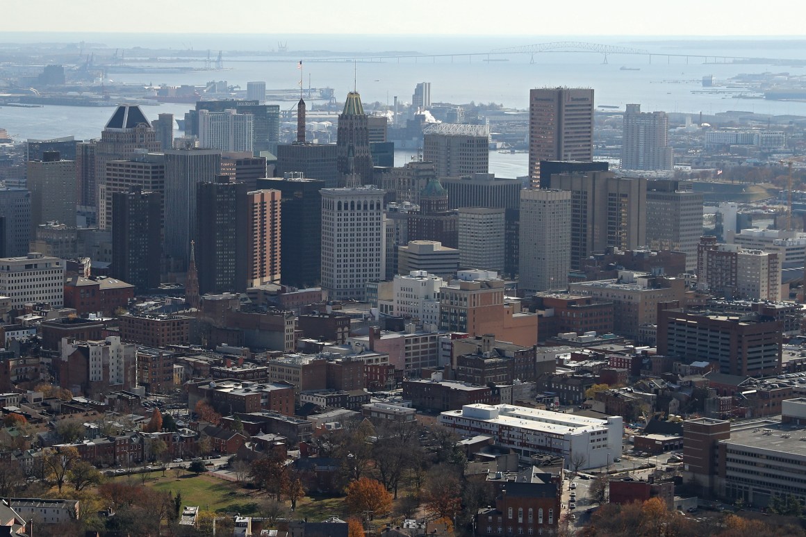 An aerial view of Baltimore's skyline.