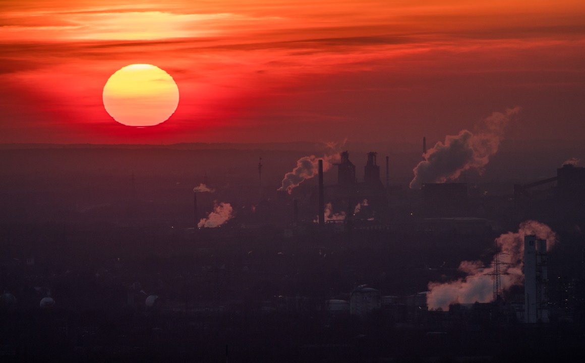 Steam and exhaust rise from different companies on a cold winter day on January 6th, 2017, in Oberhausen, Germany.