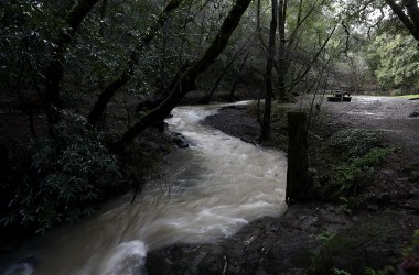 A river of water flows off of Phoenix Lake on January 12th, 2017, in Greenbrae, California.