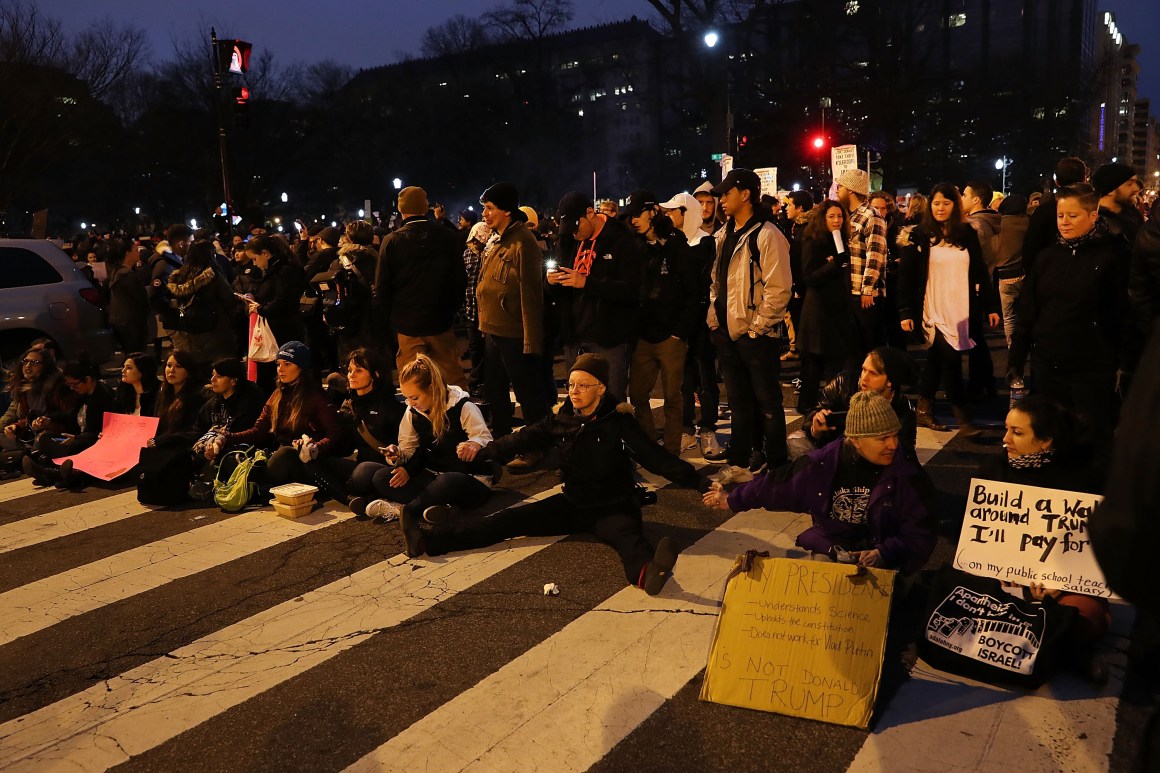 Protesters at the inauguration of President Donald Trump on January 20th, 2017, in Washington, D.C.