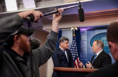 Fox News television personality and political commentator Sean Hannity speaks with Sean Spicer in the James Brady Press Briefing Room at the White House on January 24th, 2017.