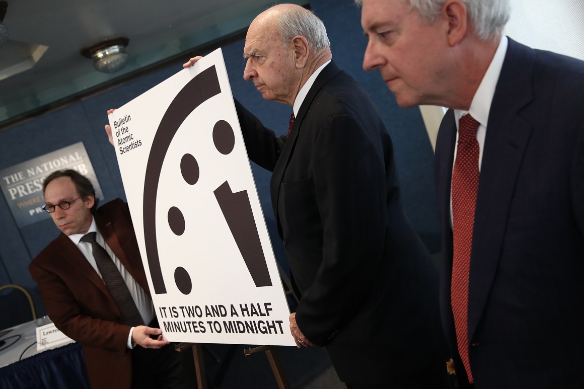 Members of the Bulletin of Atomic Scientists unveil the 2017 time for the "Doomsday Clock" on January 26th, 2017, in Washington, D.C. For the first time in the 70-year history of the Doomsday Clock, the Bulletin of Atomic Scientists moved the clock forward 30 seconds to two and a half minutes before midnight.