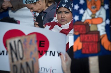 Protesters gather in New York City's Battery Park to rally against the travel ban on January 29th, 2017.