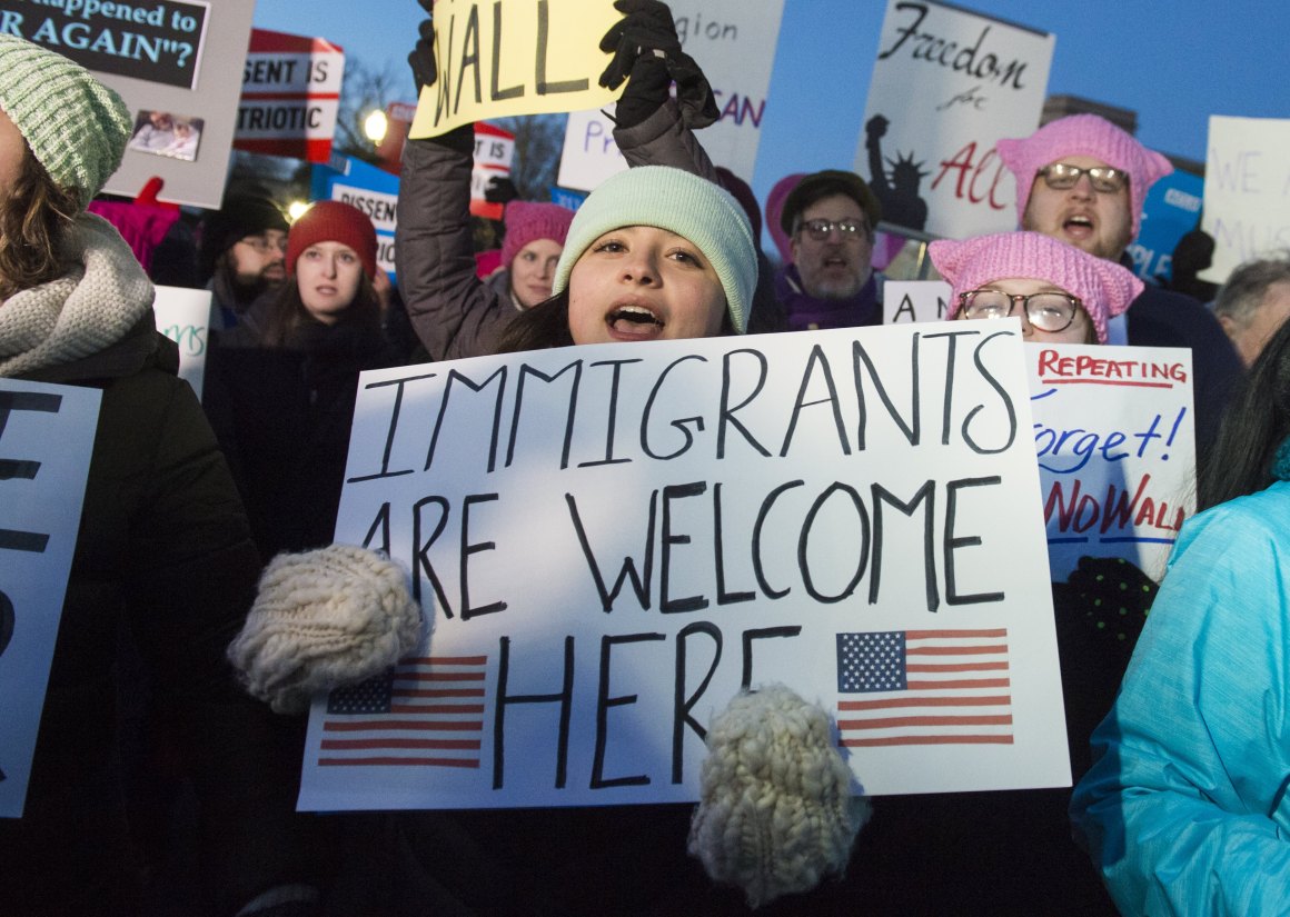 Demonstrators protest against President Donald Trump in Washington, D.C., on January 30th, 2017.