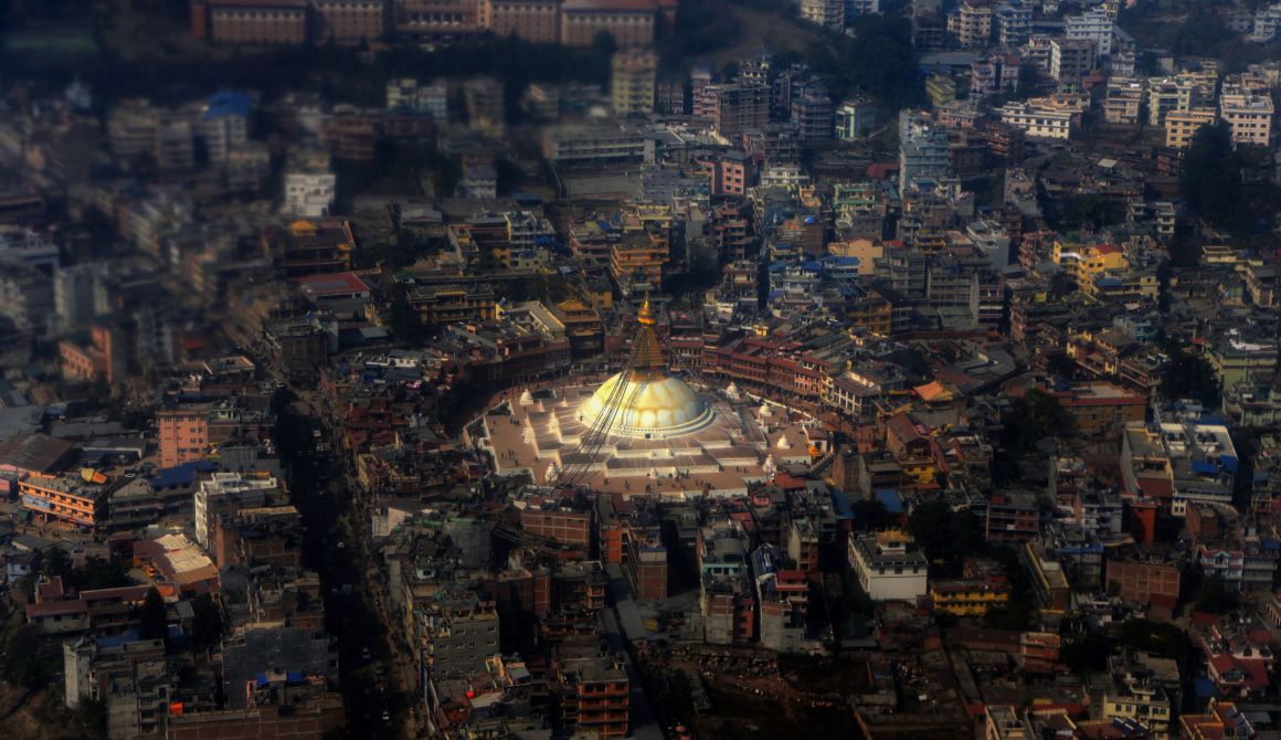 An aerial picture shows the Boudhanath Stupa in Kathmandu on February 1, 2017, during its reopening following renovation after earthquake damage. Boudhanath Stupa was among hundreds of historic monuments damaged during the 7.8-magnitude quake that hit Nepal in April 2015, killing nearly 9,000 people.