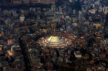 An aerial picture shows the Boudhanath Stupa in Kathmandu on February 1, 2017, during its reopening following renovation after earthquake damage. Boudhanath Stupa was among hundreds of historic monuments damaged during the 7.8-magnitude quake that hit Nepal in April 2015, killing nearly 9,000 people.