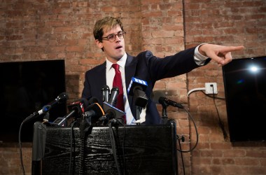 Milo Yiannopoulos announces his resignation from Brietbart News during a press conference on February 21st, 2017, in New York City.