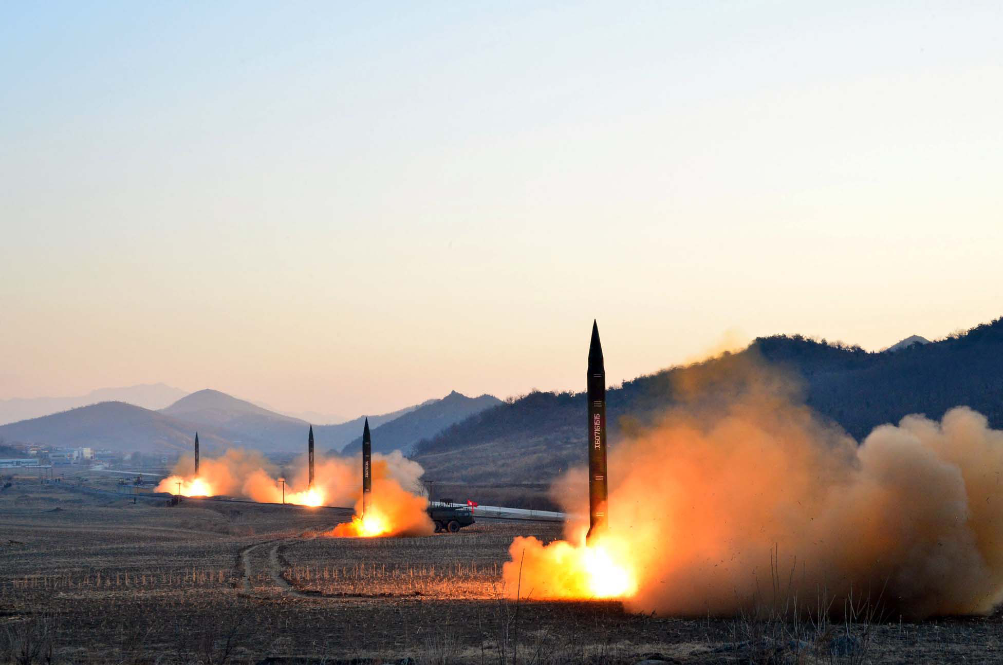 This undated picture released by North Korea's Korean Central News Agency on March 7th, 2017, shows the launch of four ballistic missiles by the Korean People's Army during a military drill at an undisclosed location in North Korea.