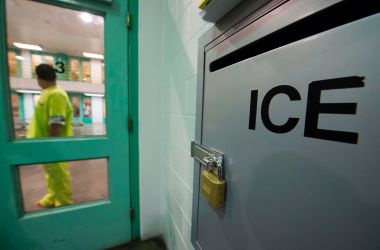 An immigration detainee stands near an Immigration and Customs Enforcement grievance box in the high security unit at the Theo Lacy Facility in Orange, California, on March 14th, 2017.