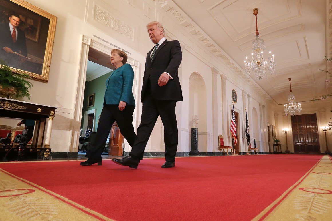 U.S. President Donald Trump and German Chancellor Angela Merkel arrive for a joint press conference in the White House on March 17th, 2017.